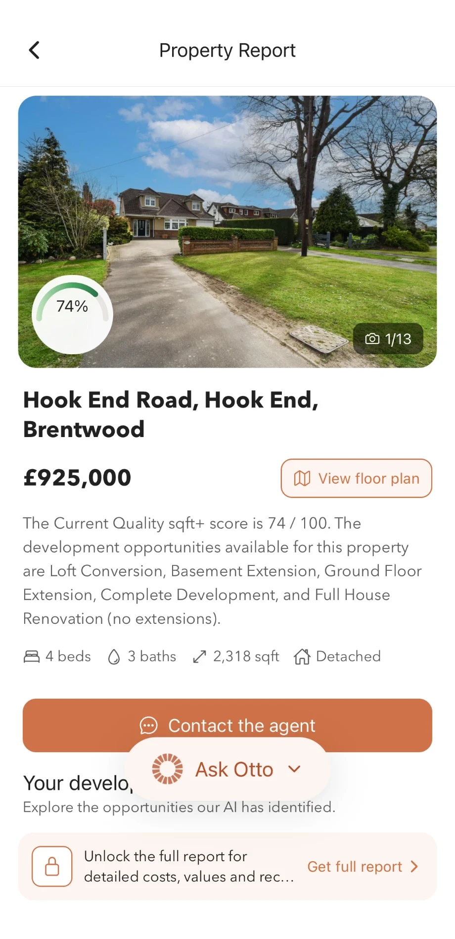 SQFT+ property report for a detached house in Brentwood with a 74% sqft+ score